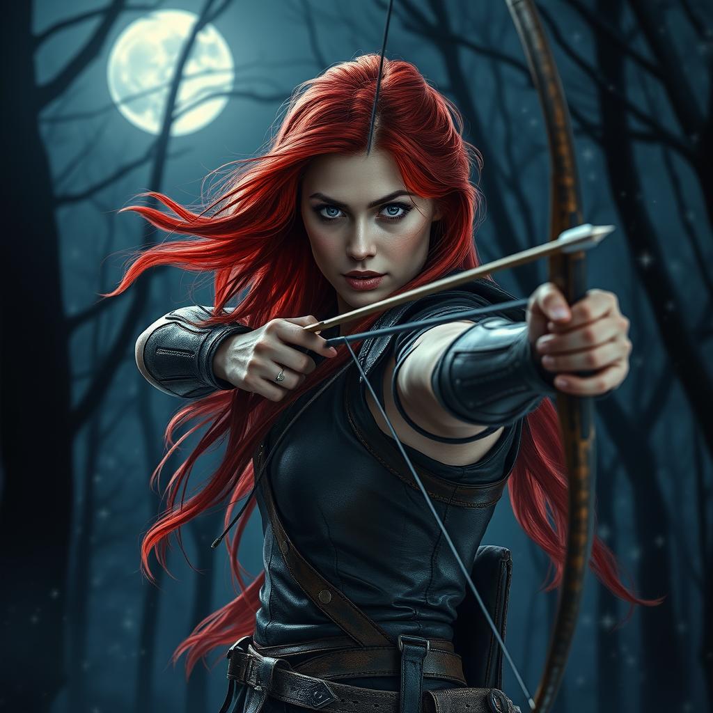 A captivating image of a red-haired female archer standing in a dark, mystical forest at night