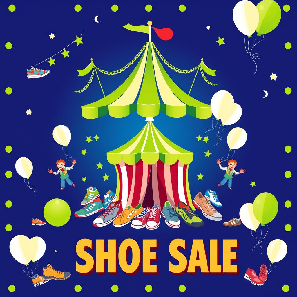 A visually striking circus-themed layout poster for a shoe store featured on long bond paper size