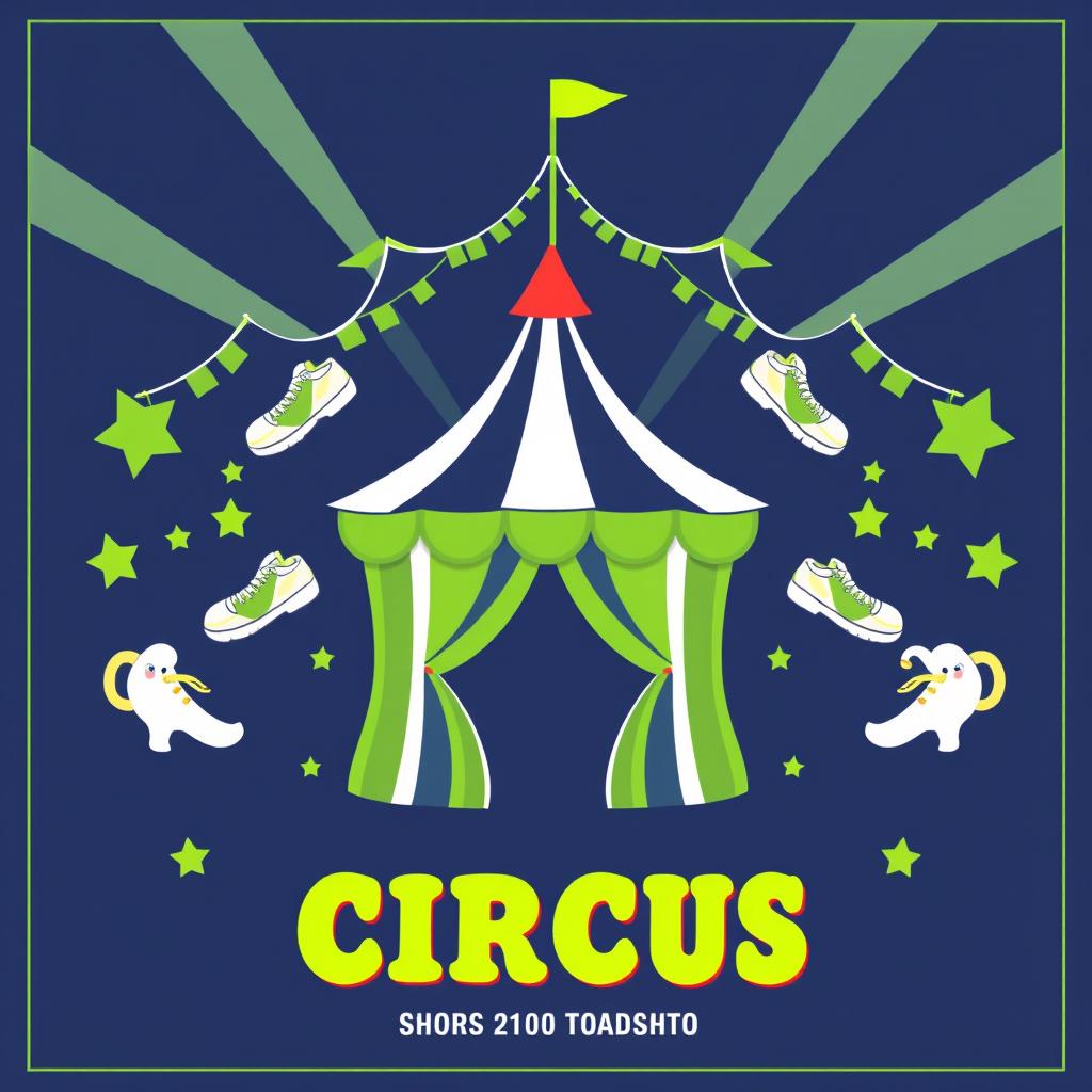 A vibrant circus-themed layout poster designed for a shoe store, showcasing a playful and inviting atmosphere