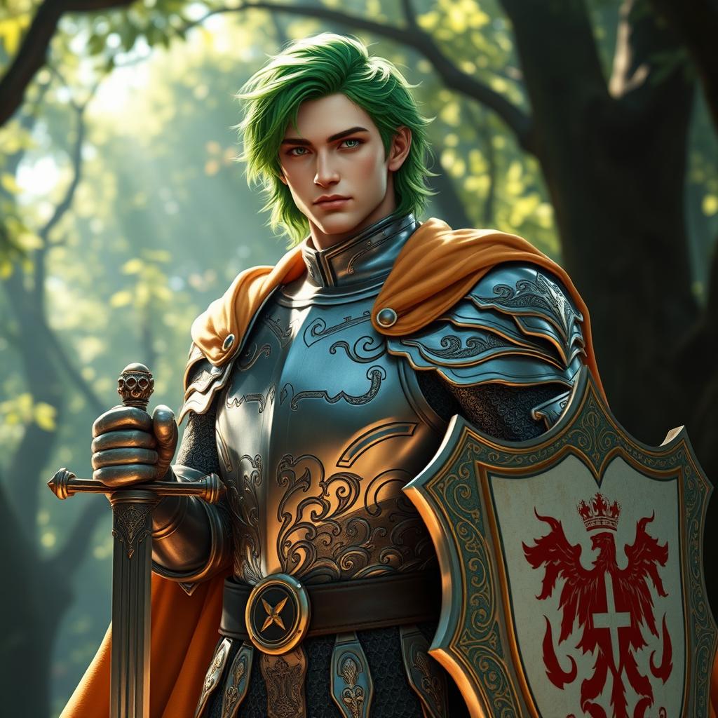 A male human noble knight with vibrant green hair, wearing intricately detailed armor that shimmers in the light