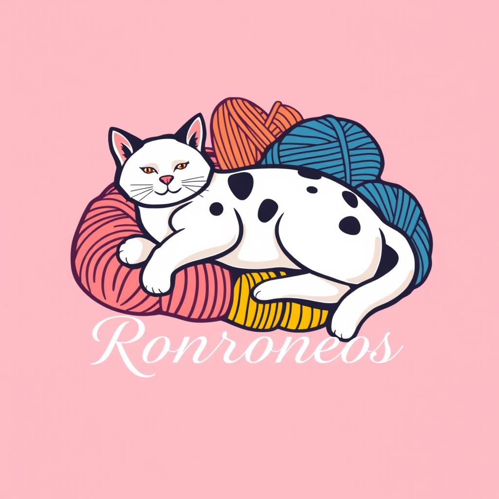 A logo design for a knitting business featuring a white cat with black spots lounging on colorful skeins of yarn