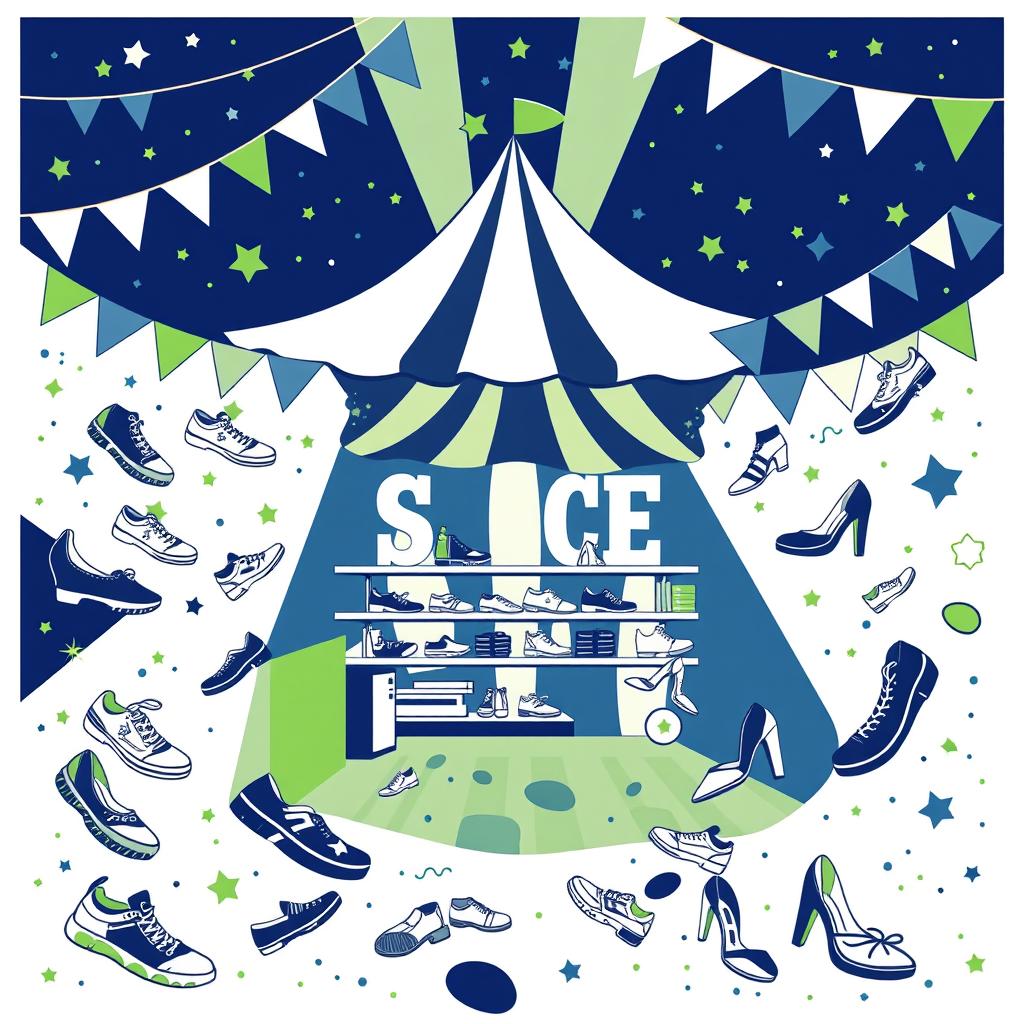 A vibrant and irregular circus layout poster for a shoe store, featuring dark blue, white, and green colors