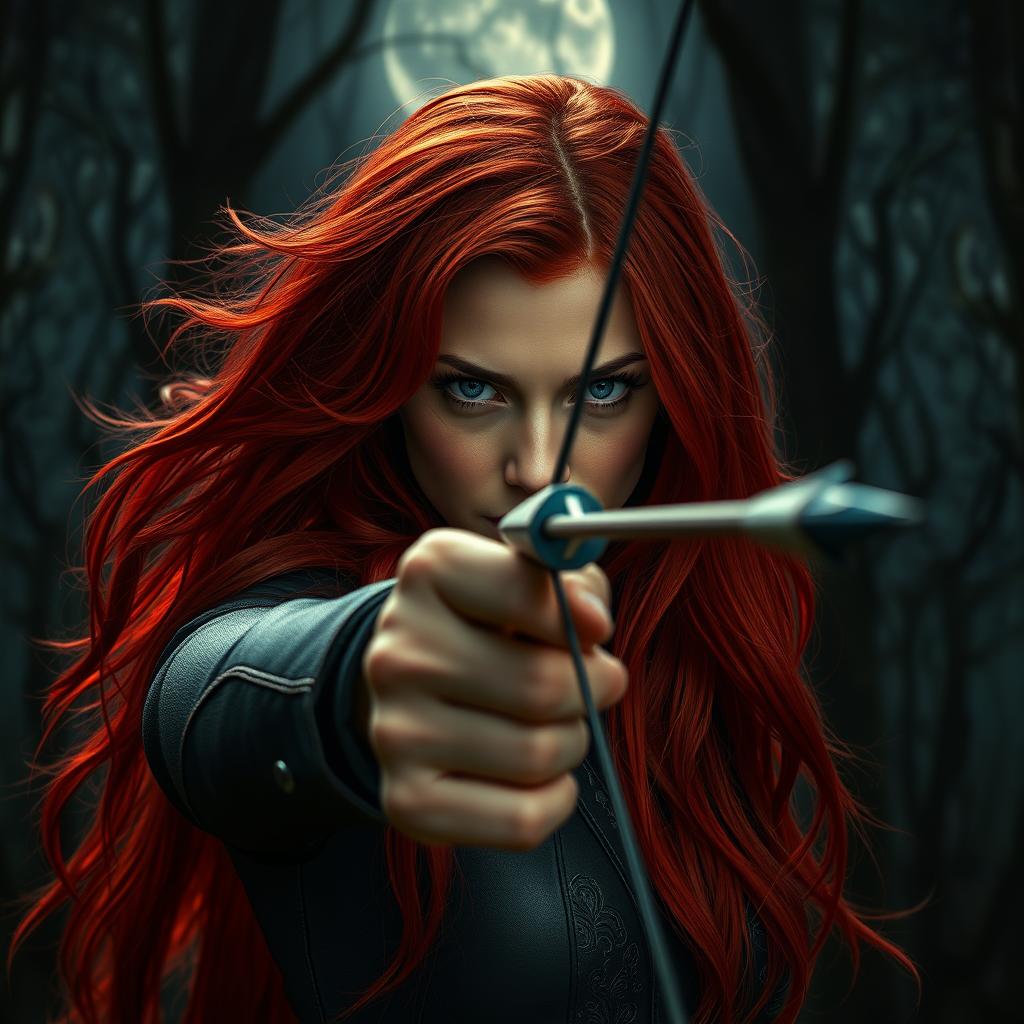 An intense scene featuring a red-haired female archer in a moonlit forest at night