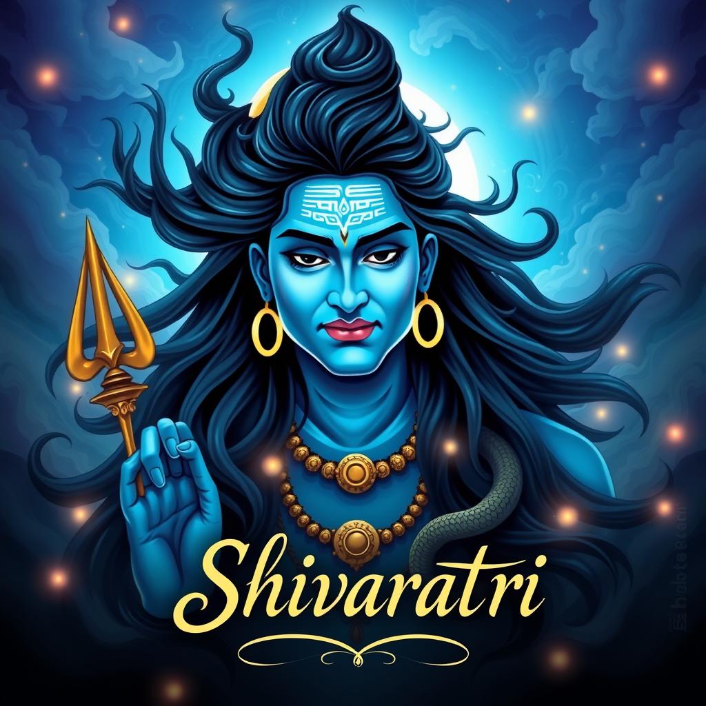 An attractive and powerful depiction of Lord Shiva, illustrated with a vibrant blue complexion and flowing black hair intertwined with the Ganges river