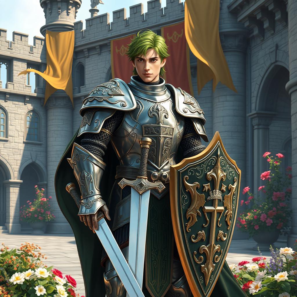 A male human noble knight with striking green hair, dressed in ornate, polished armor that reflects a sense of grandeur and nobility