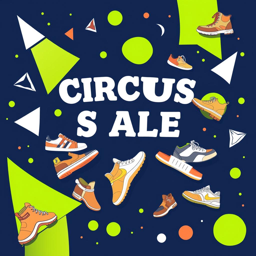 A vibrant circus layout poster designed for a shoe store, featuring a wild and irregular composition