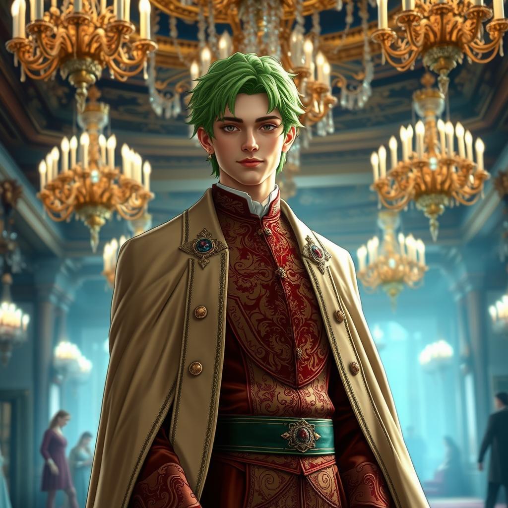 A male human noble with striking green hair, elegantly dressed in refined noble attire