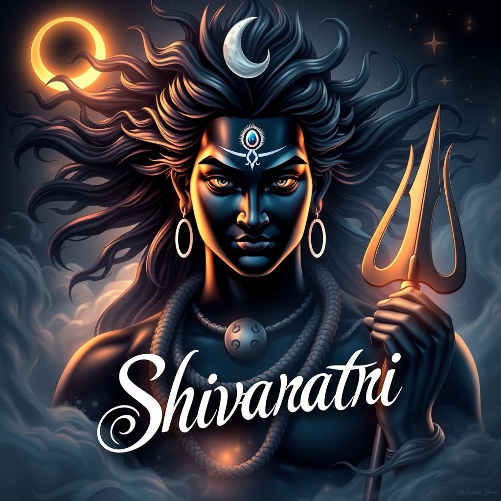 A striking and mystical representation of Lord Shiva, depicted with a deep black complexion, exuding an aura of mystery and power
