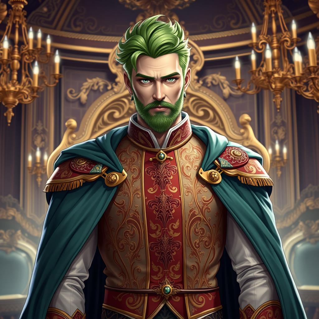 A male human noble with striking green hair, elegantly attired in a lavish noble outfit