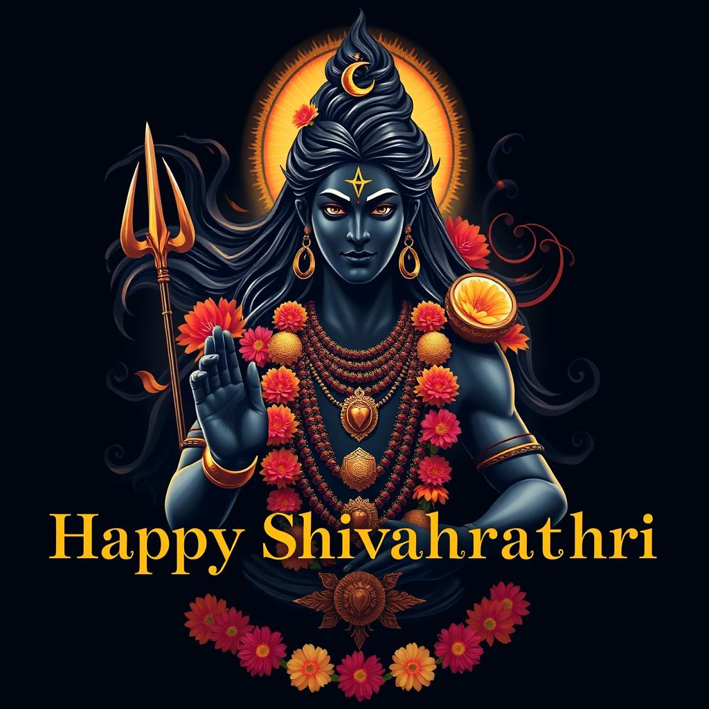A striking and artistic representation of a black Shiva, adorned in intricate traditional decorations