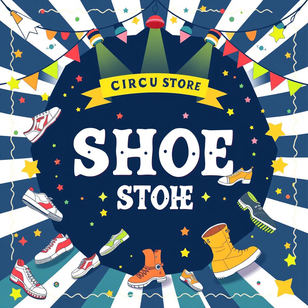 A vibrant and irregularly composed circus layout poster for a shoe store, designed on long bond paper size