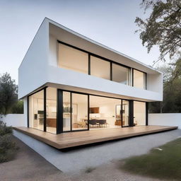 A minimalist house with clean lines, white walls, large windows, and open-concept living areas.