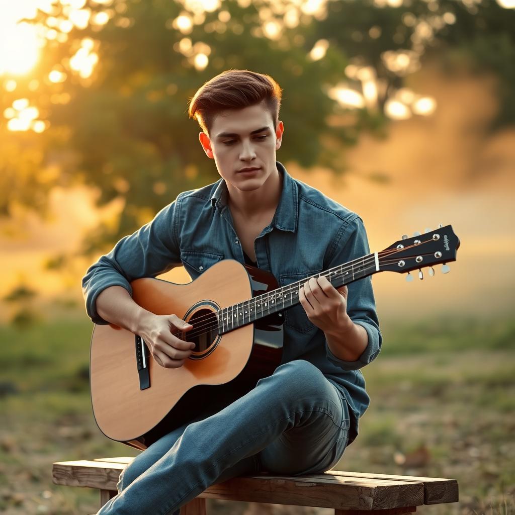 A handsome young man with neatly styled hair is sitting on a wooden bench in an open natural setting, playing an acoustic guitar with deep emotion