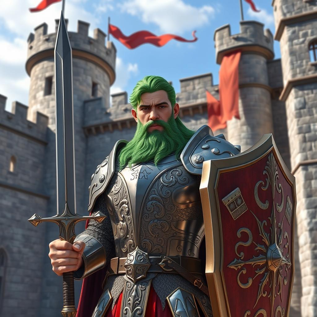 A male human knight noble with vibrant green hair and a distinguished beard, clad in ornate armor that reflects his noble status