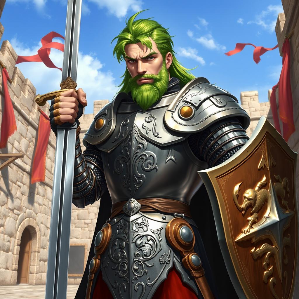 A male human knight noble with vibrant green hair and a distinguished beard, donning elegantly crafted armor that signifies his noble rank