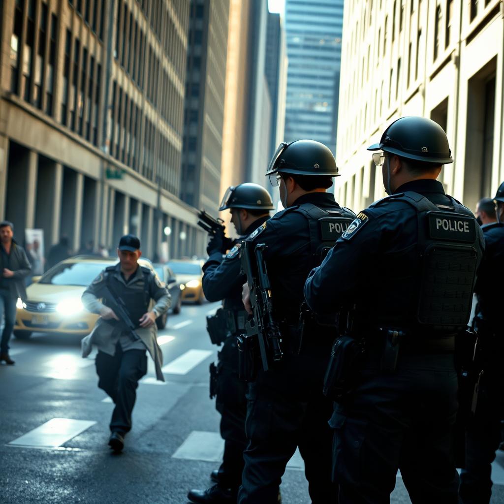 A tense scene depicting several police officers standing on a city street, arms at the ready, waiting for a patient who is running towards them