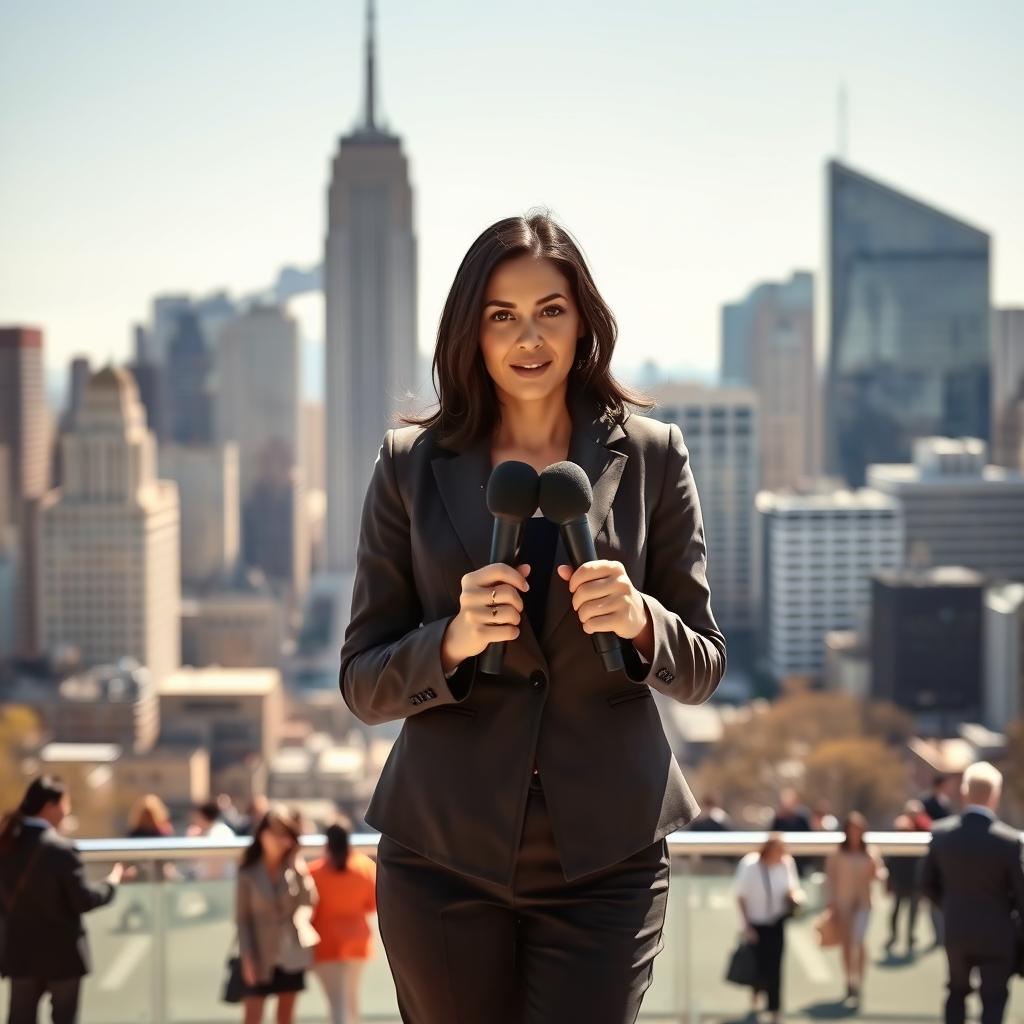 A female news reporter standing confidently in front of a large city skyline, holding a microphone and speaking into it