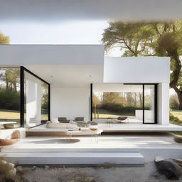 A minimalist house with clean lines, white walls, large windows, and open-concept living areas.