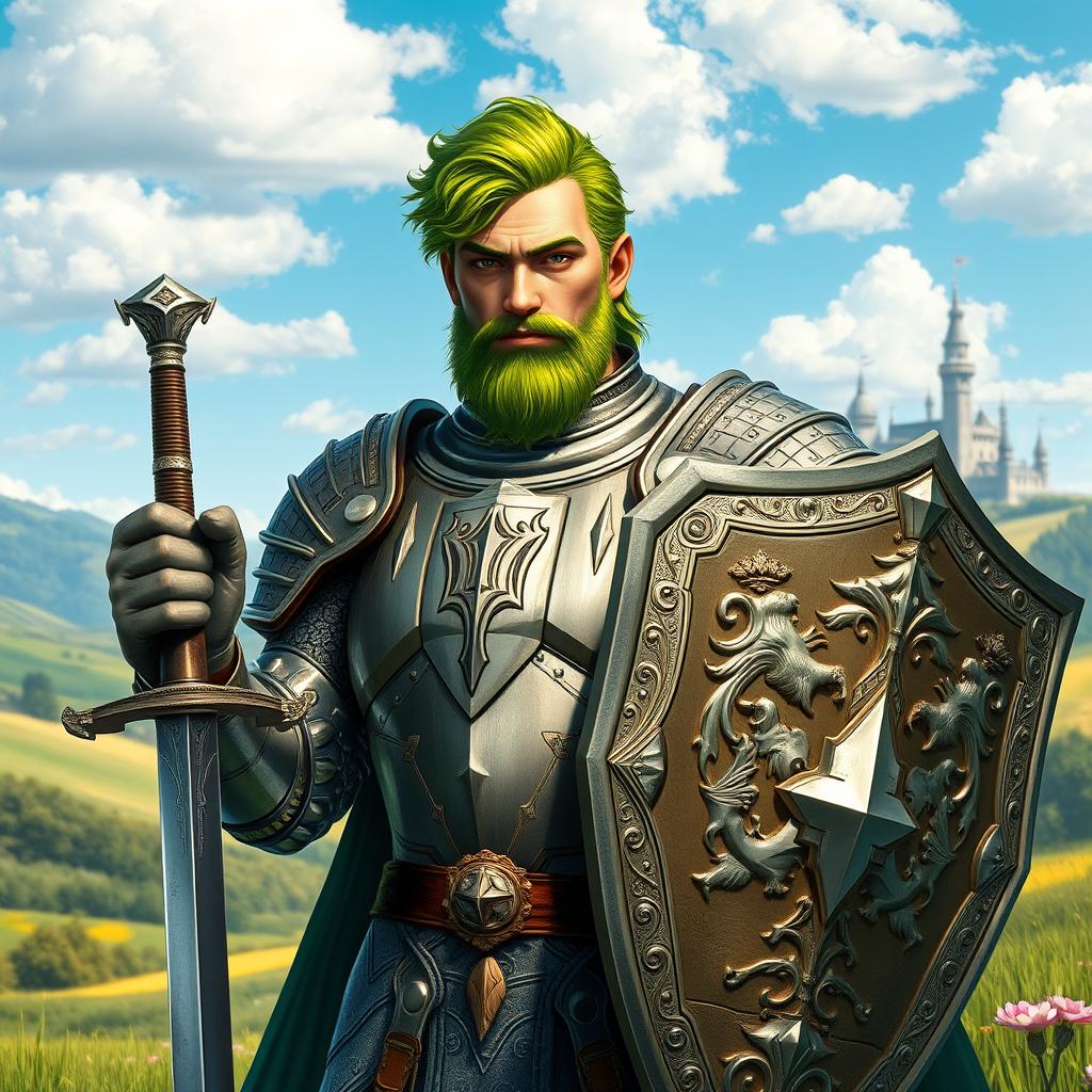 A male human knight noble with striking green hair and a matching beard, wearing magnificent armor that highlights his noble lineage