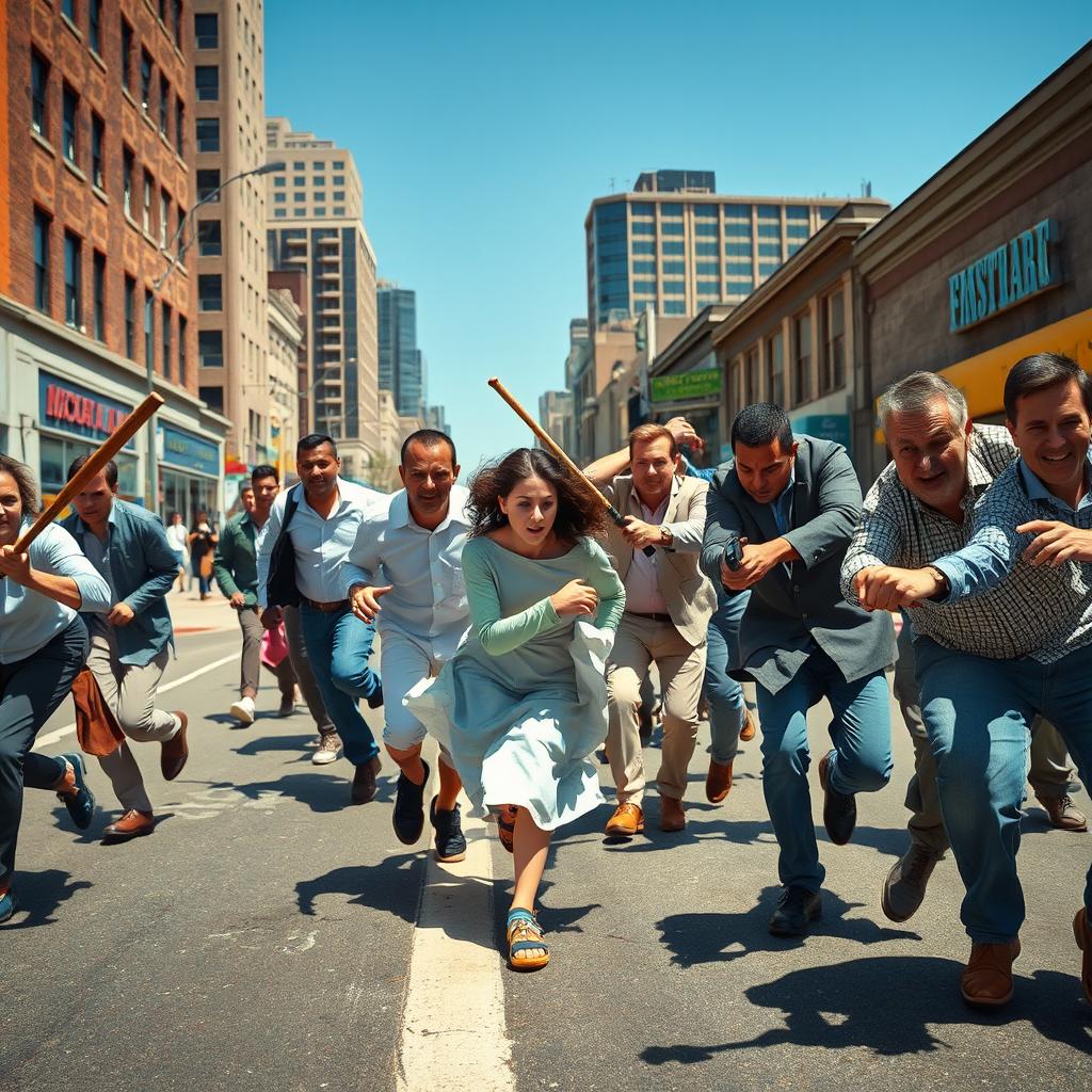 A chaotic street scene where a diverse group of people is chasing a panicked patient