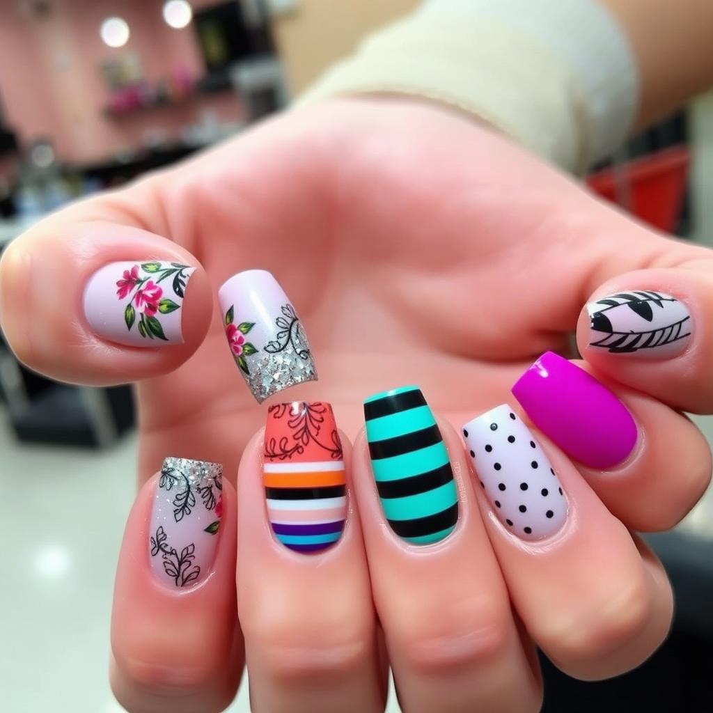 A stunning and intricate nail design featuring vibrant colors and geometric patterns