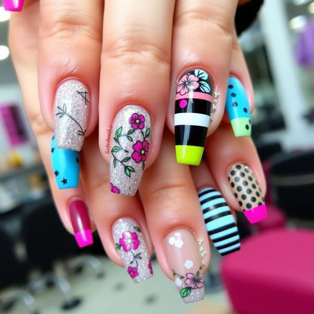 A stunning and intricate nail design featuring vibrant colors and geometric patterns