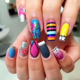 A stunning and intricate nail design featuring vibrant colors and geometric patterns