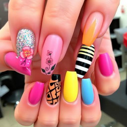 A stunning and intricate nail design featuring vibrant colors and geometric patterns