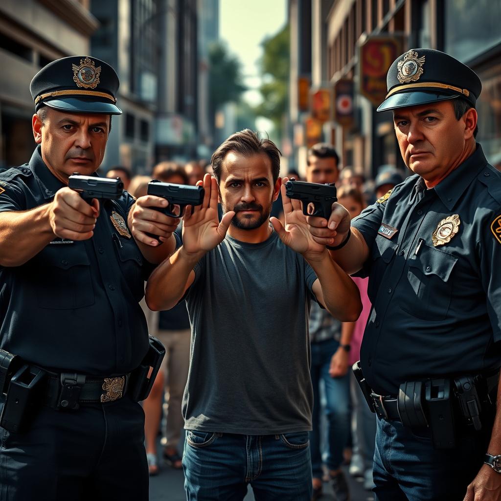 In a tense urban scene, two police officers with determined expressions stand in front of a male patient, who has his hands raised in surrender