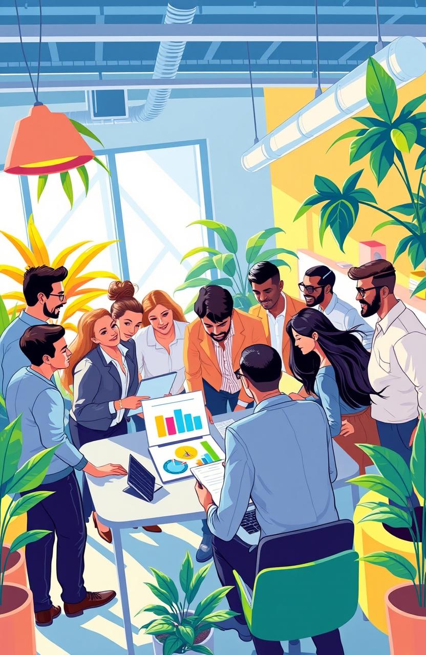 A vibrant and dynamic illustration depicting a diverse group of professionals collaborating in a modern office space