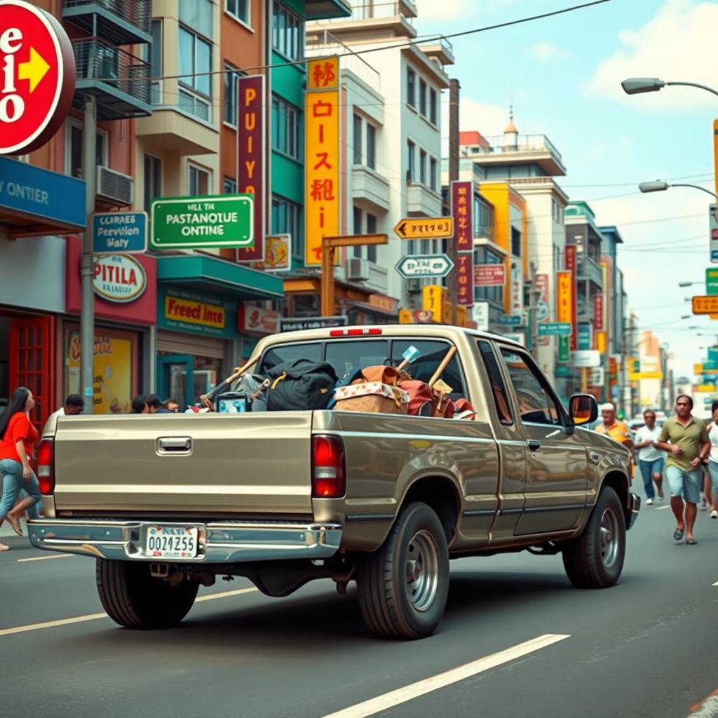 A vibrant scene featuring a pickup truck driving down a bustling street, surrounded by colorful urban elements