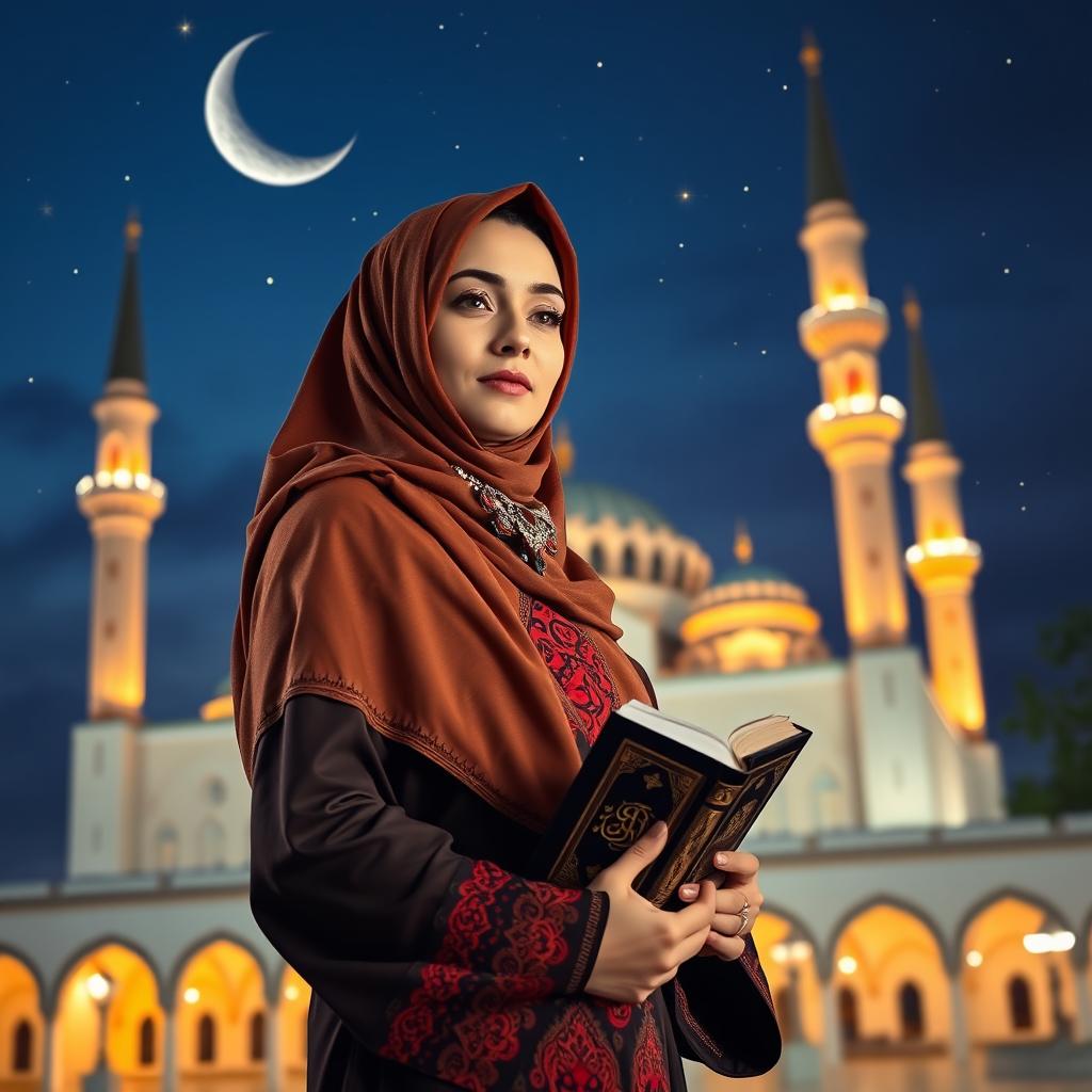 A serene Ramadan night scene featuring a crescent moon and twinkling stars in the sky