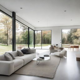 A minimalist house with clean lines, white walls, large windows, and open-concept living areas.