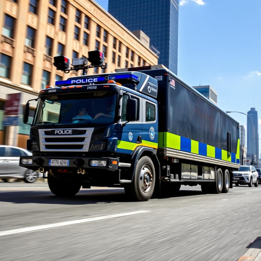 A large police truck moving towards a specific destination, showcasing its robust design and official markings