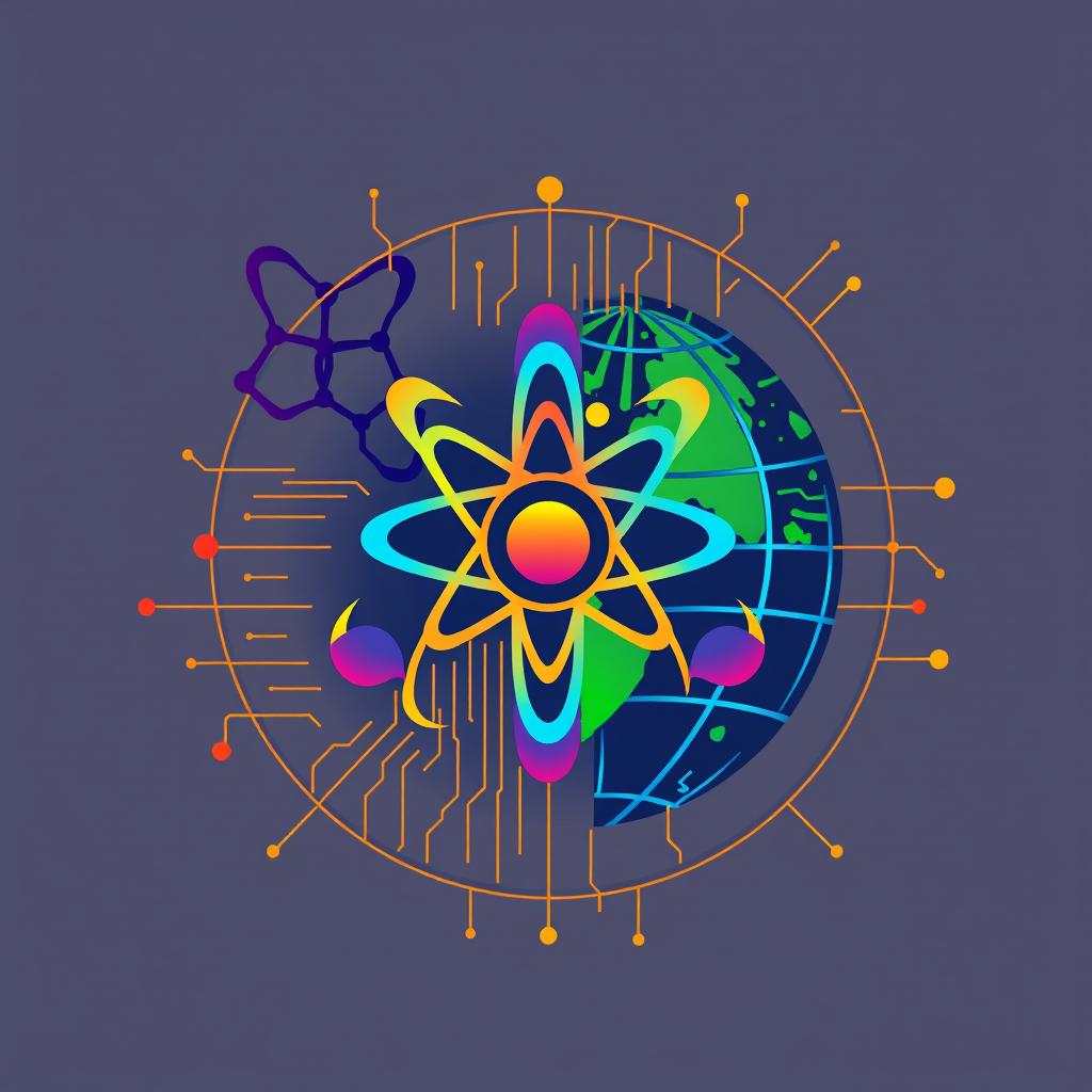 A fusion of symbols representing science, technology, and society; includes an atom symbol to represent science, a circuit board pattern for technology, and a globe with interconnected lines symbolizing society and communication; vibrant colors with a futuristic design, merging smoothly together, with a modern aesthetic and a balanced composition