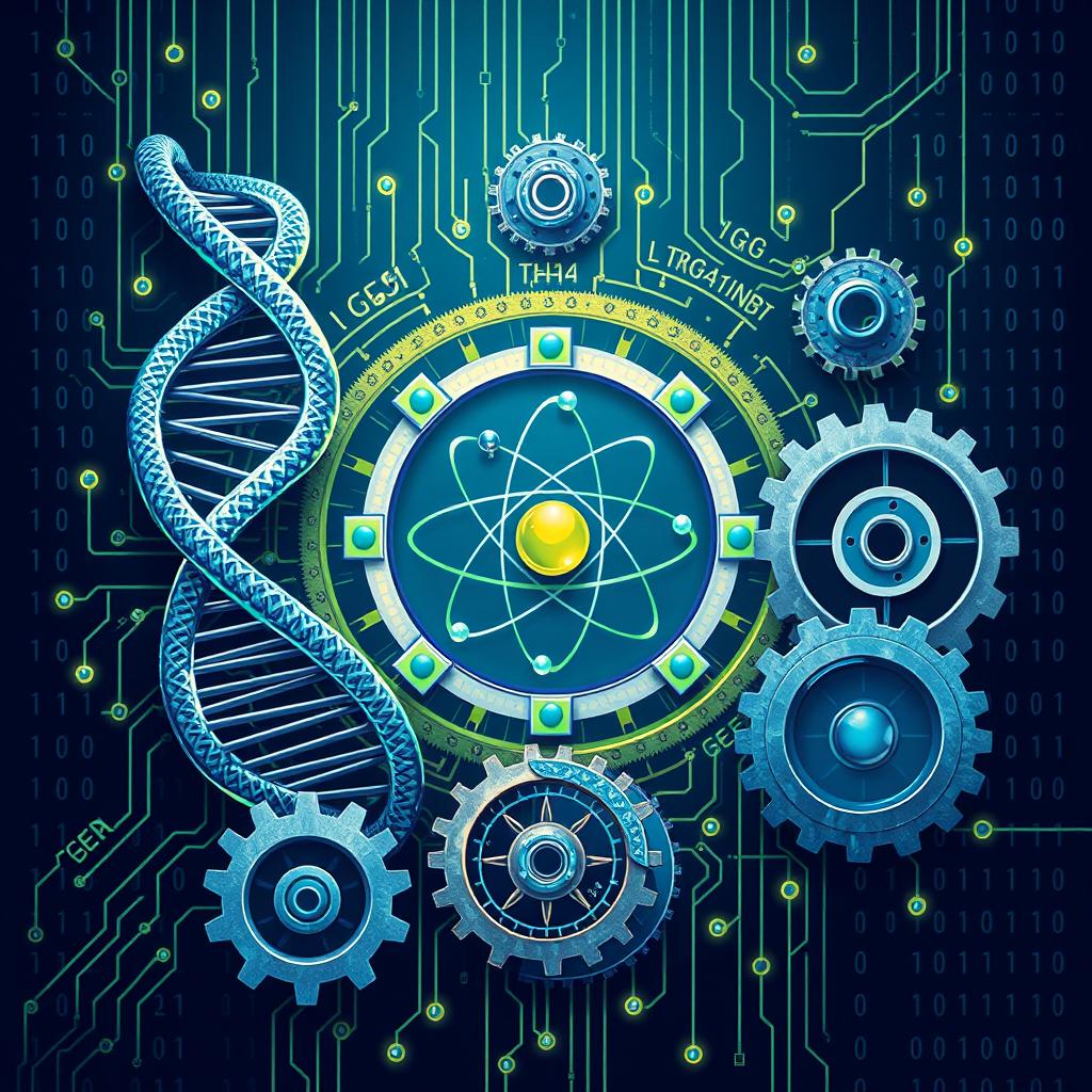 An intricate and symbolic illustration representing the triad of science, technology, and society