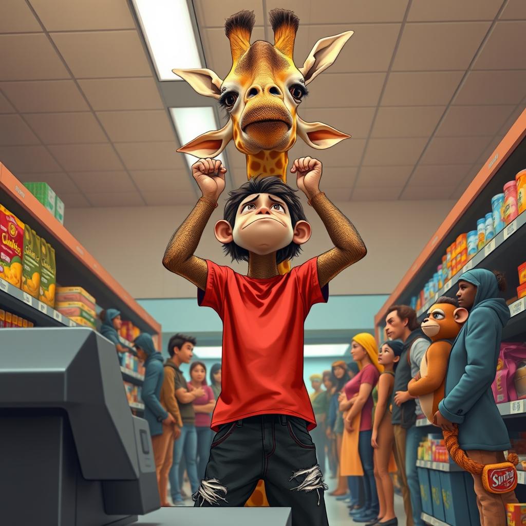 A tall giraffe with a yellowish-brown body stands at the cashier, its head extending above the frame