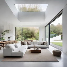 A minimalist house with clean lines, white walls, large windows, and open-concept living areas.