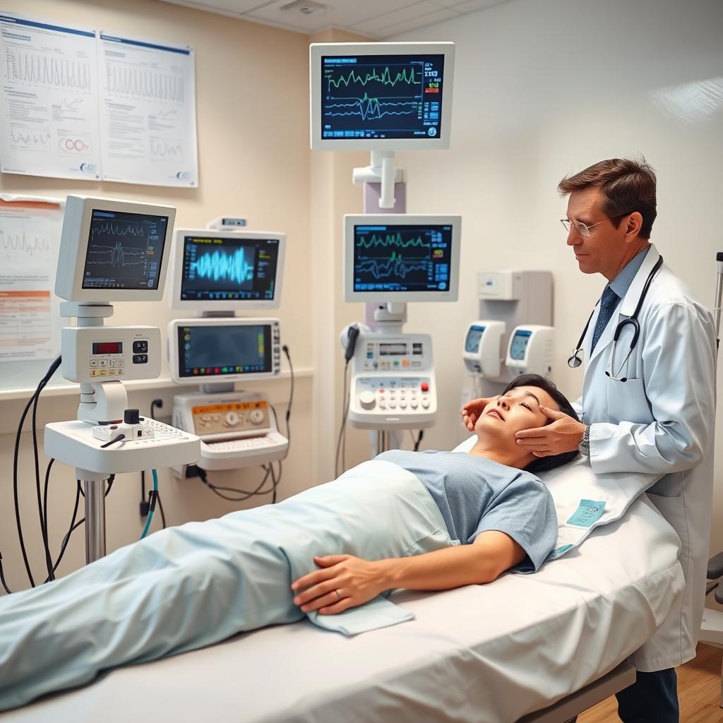 A doctor in a hospital room conducting various medical tests on a patient