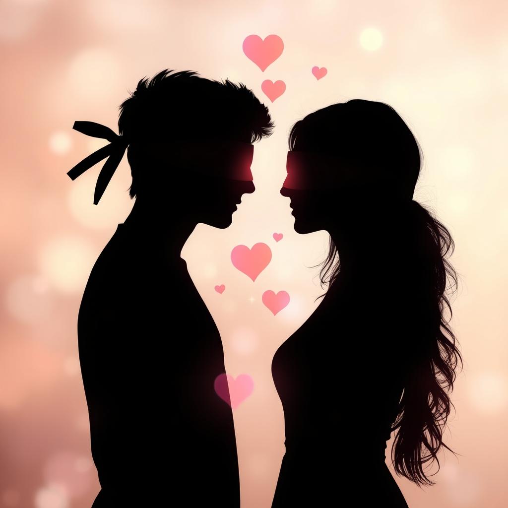 An abstract representation of a "Blindfolded Relationship" concept, featuring two silhouettes of people facing each other, both blindfolded, surrounded by a symbolic aura that signifies trust and love