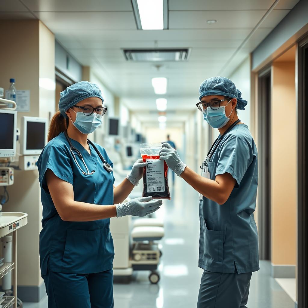 A realistic hospital scene depicting medical professionals transporting a blood sample to a designated room