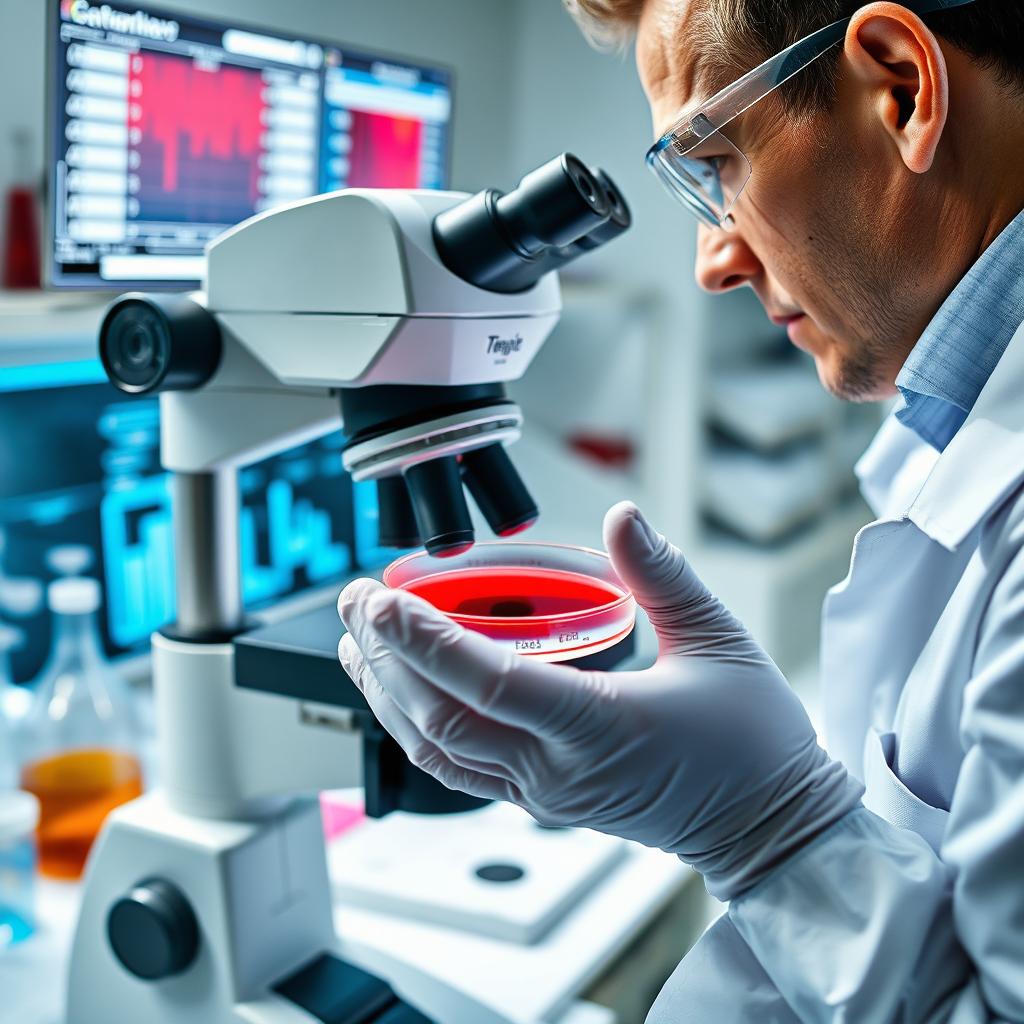 A close-up view of a scientist examining blood samples in a laboratory