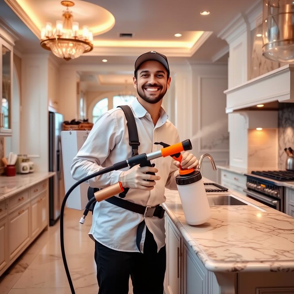 A cheerful person wearing black pants and a white shirt with a cap, smiling, is professionally fumigating pests in a luxurious kitchen