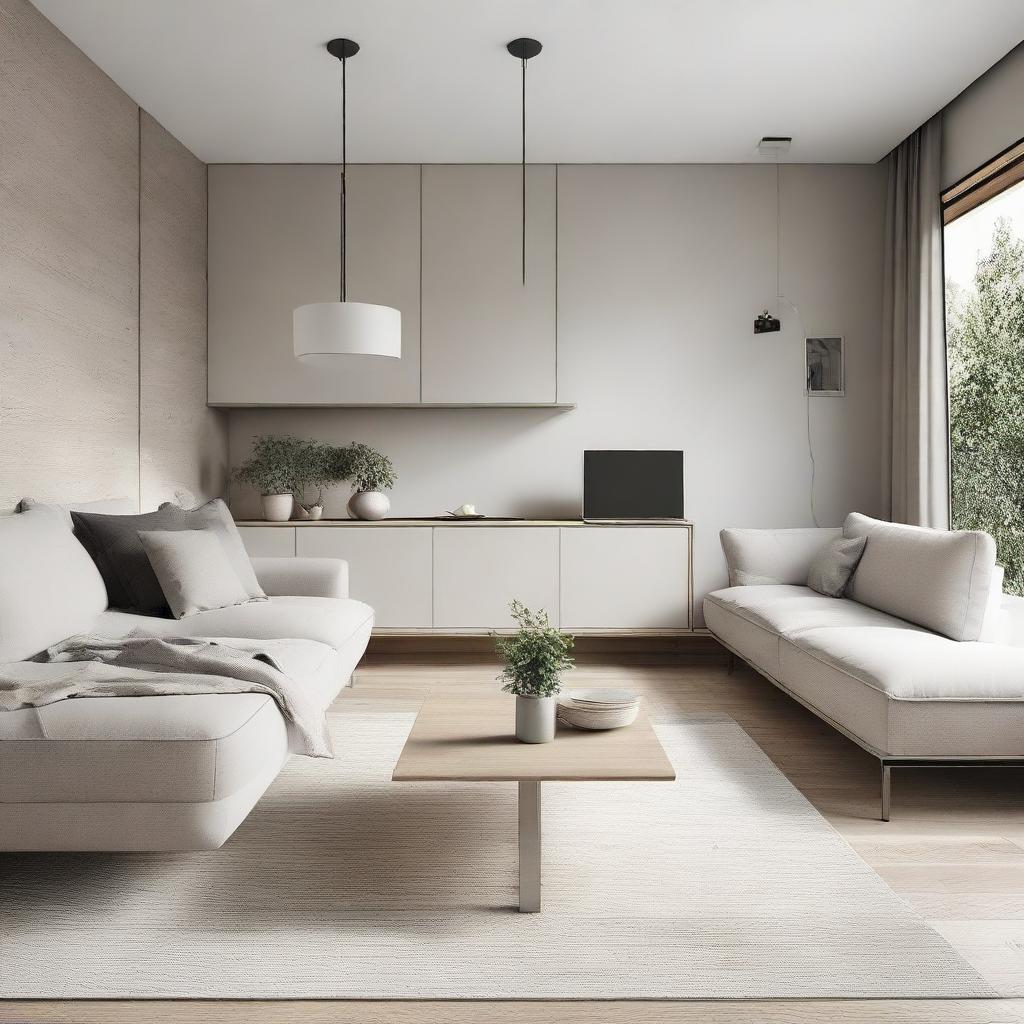 A small, minimalist house featuring a compact yet stylish living room and dining room with minimalistic furniture, neutral color palette, and elegant simplicity.