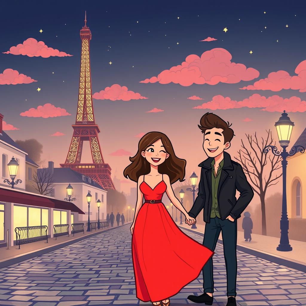 Animation of a romantic Paris night scene, featuring a couple on a charming cobblestone street