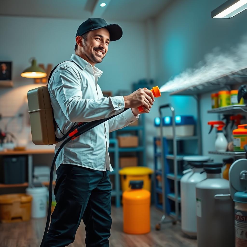 A person wearing black pants and a white shirt, along with a cap, is smiling while using professional pest control equipment in a well-lit room