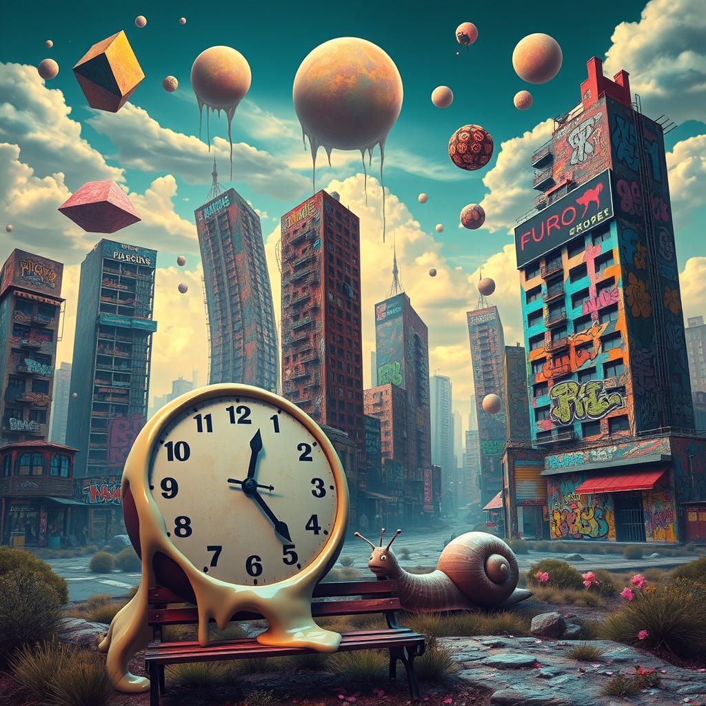 A surreal and bizarre landscape featuring a twisted, dreamlike version of an urban cityscape