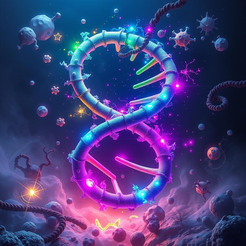 A surreal representation of DNA, twisted and transformed into an otherworldly structure