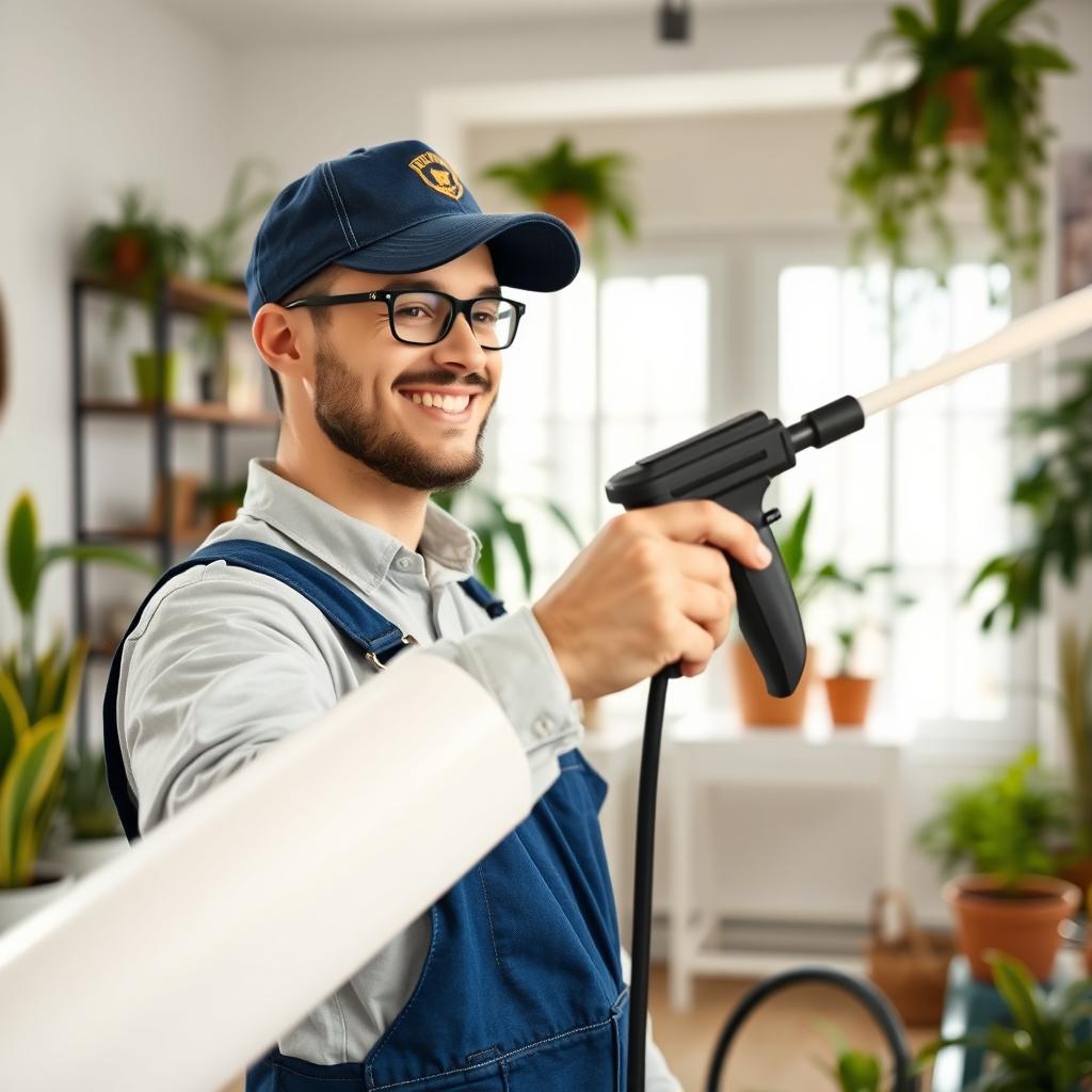 A person wearing a blue overall and a white shirt, with a cap and a smiling face, actively fumigating for pests using professional equipment in a well-lit room
