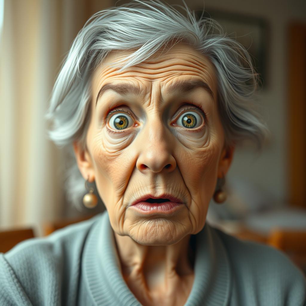 A realistic depiction of an elderly woman with gray hair, exhibiting an expression of shock and surprise